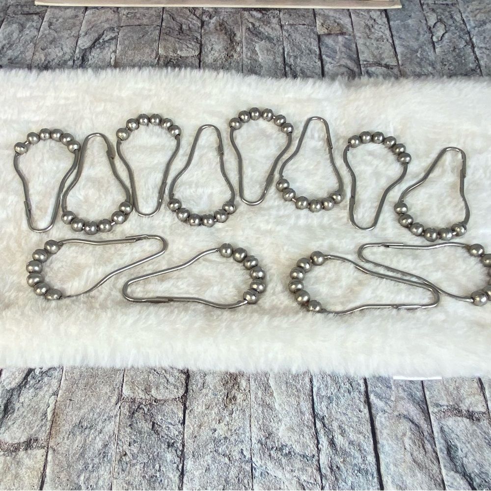 Shower Curtain Rings 12 Piece Set Stainless Steel Hooks Silver Beaded Hooks